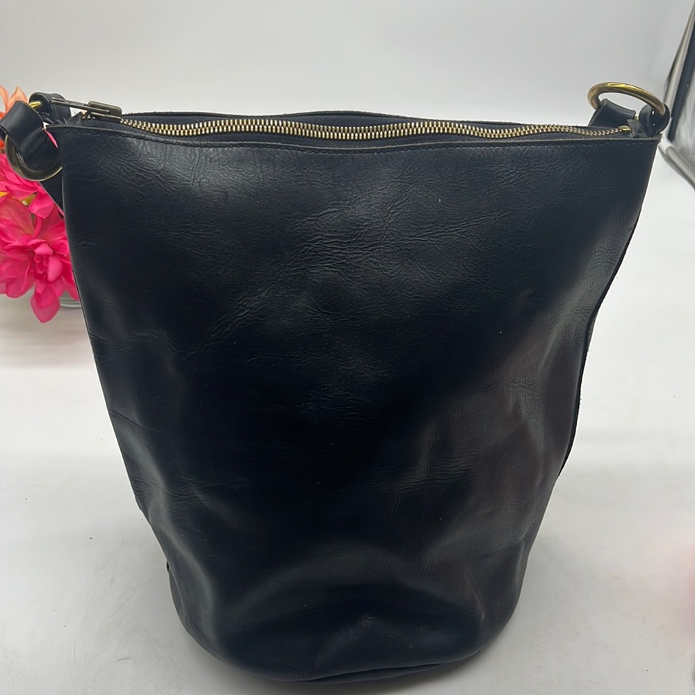 Madewell Black Leather Bucket Crossbody Bag with Gold Hardware